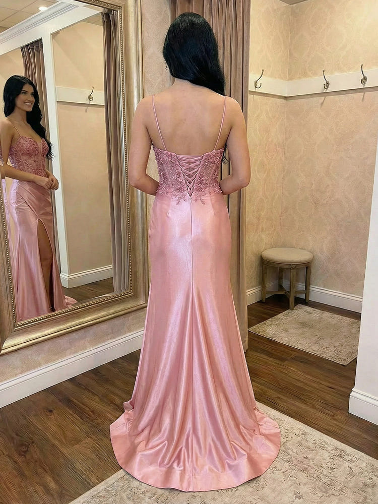 Spaghetti Straps Satin Mermaid Prom Dresses with Slit