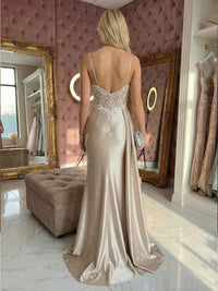 Spaghetti Straps Satin Mermaid Prom Dresses with Slit