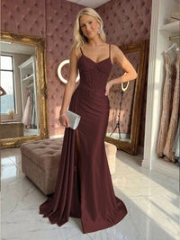 Spaghetti Straps Satin Mermaid Prom Dresses with Slit