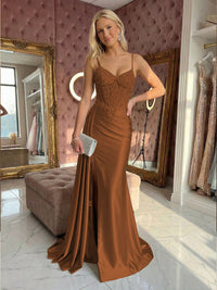 Spaghetti Straps Satin Mermaid Prom Dresses with Slit