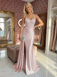 Spaghetti Straps Satin Mermaid Prom Dresses with Slit