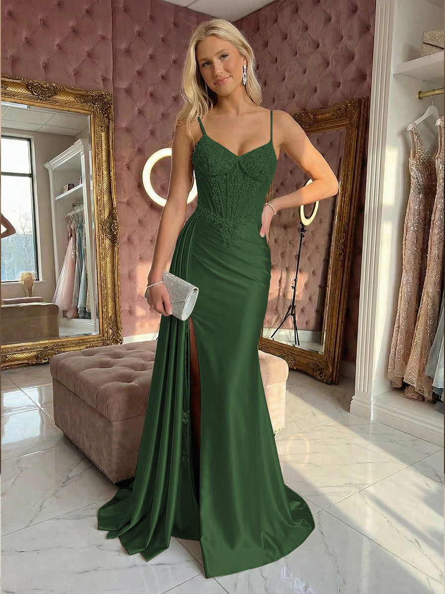 Spaghetti Straps Satin Mermaid Prom Dresses with Slit