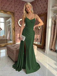 Spaghetti Straps Satin Mermaid Prom Dresses with Slit