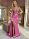Spaghetti Straps Satin Mermaid Prom Dresses with Slit