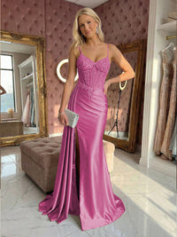 Spaghetti Straps Satin Mermaid Prom Dresses with Slit