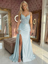 Spaghetti Straps Satin Mermaid Prom Dresses with Slit