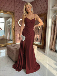 Spaghetti Straps Satin Mermaid Prom Dresses with Slit