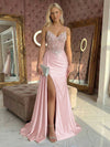 Spaghetti Straps Satin Mermaid Prom Dresses with Slit