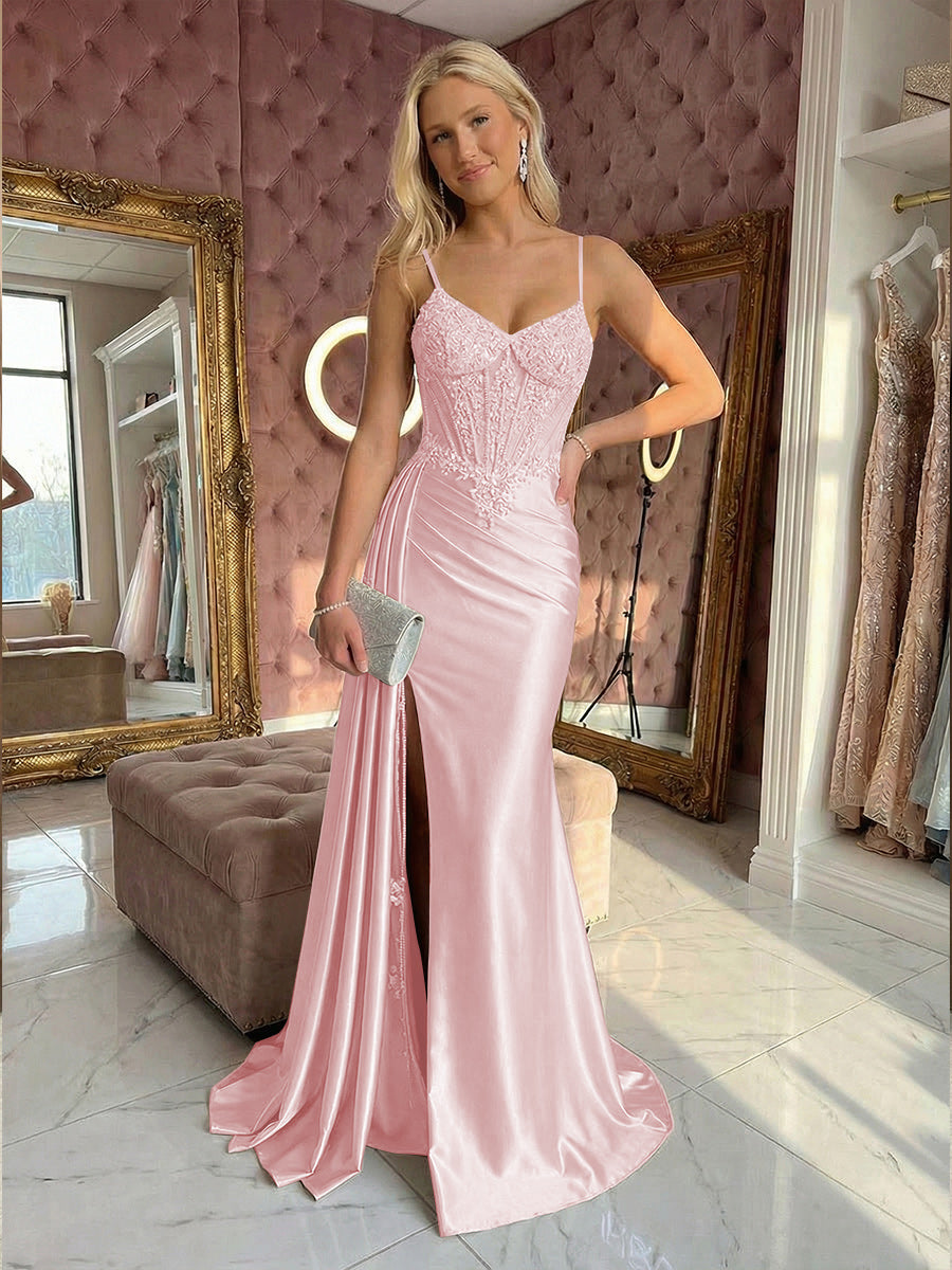 Spaghetti Straps Satin Mermaid Prom Dresses with Slit