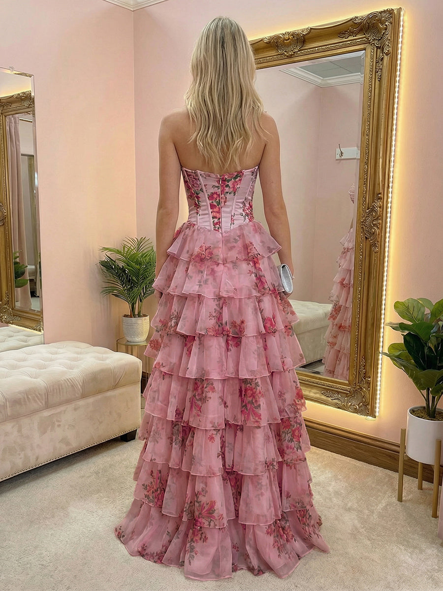 Strapless A Line Chiffon Corset Prom Dresses with Slit