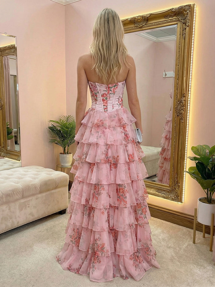 Strapless A Line Chiffon Corset Prom Dresses with Slit