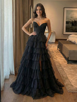 Strapless A Line Chiffon Corset Prom Dresses with Slit