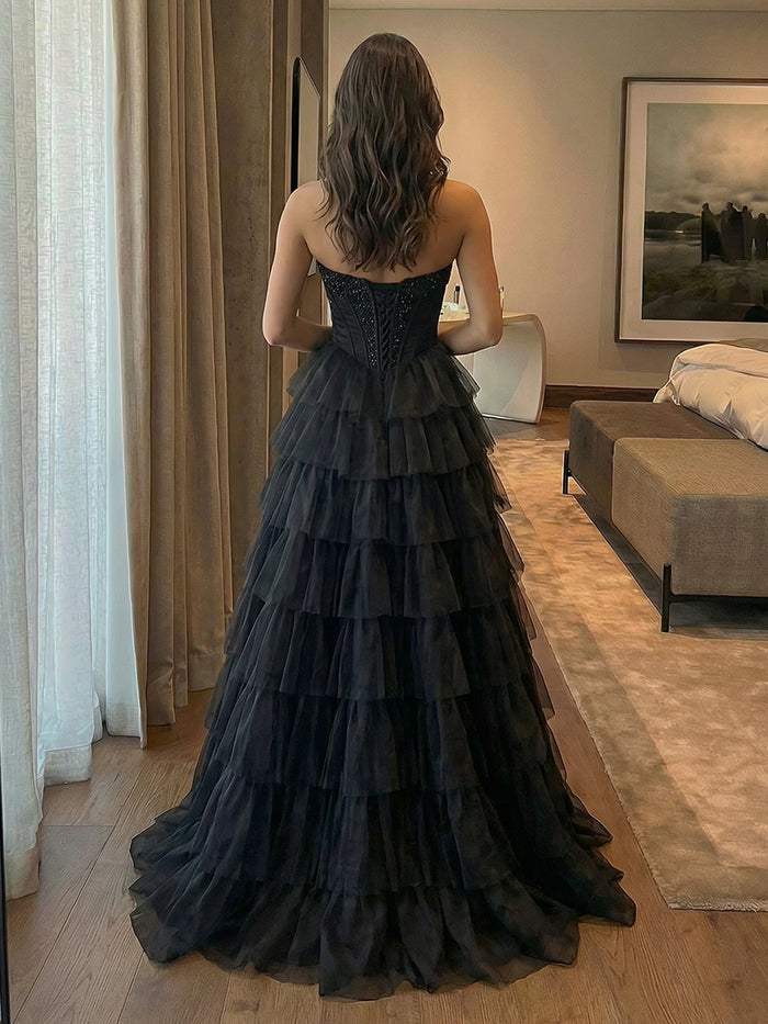 Strapless A Line Chiffon Corset Prom Dresses with Slit