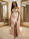 Off the Shoulder Satin Mermaid Prom Dresses with Slit