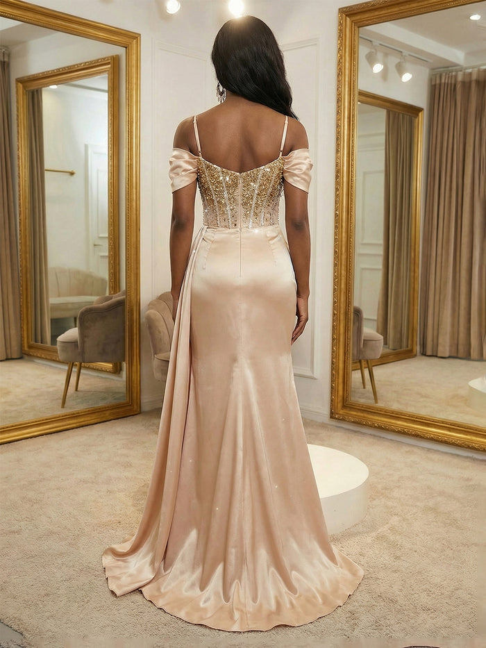 Off the Shoulder Satin Mermaid Prom Dresses with Slit