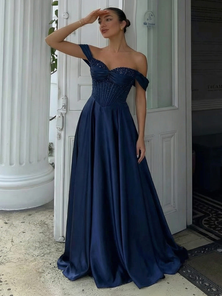 Off the Shoulder Satin A Line Prom Dresses with Rhinestone