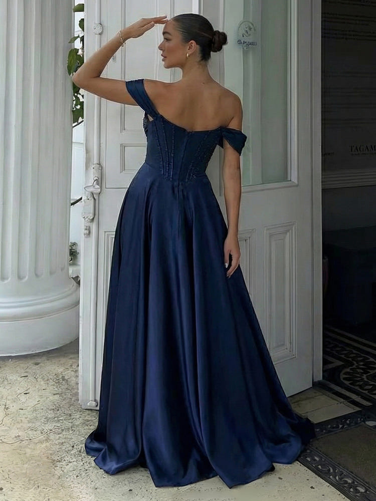 Off the Shoulder Satin A Line Prom Dresses with Rhinestone