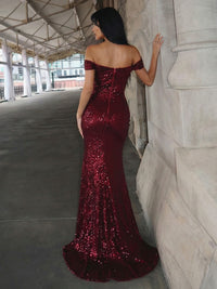 Off the Shoulder Sequin Mermaid Prom Dresses with Slit
