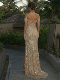 Off the Shoulder Sequin Mermaid Prom Dresses with Slit