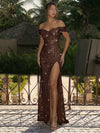 Off the Shoulder Sequin Mermaid Formal Dresses with Slit