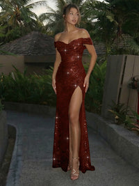 Off the Shoulder Sequin Mermaid Formal Dresses with Slit