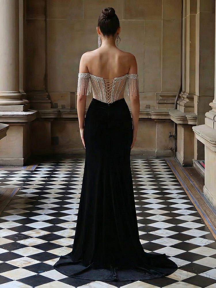 Off the Shoulder Beaded Satin Mermaid Evening Dresses with Tassels