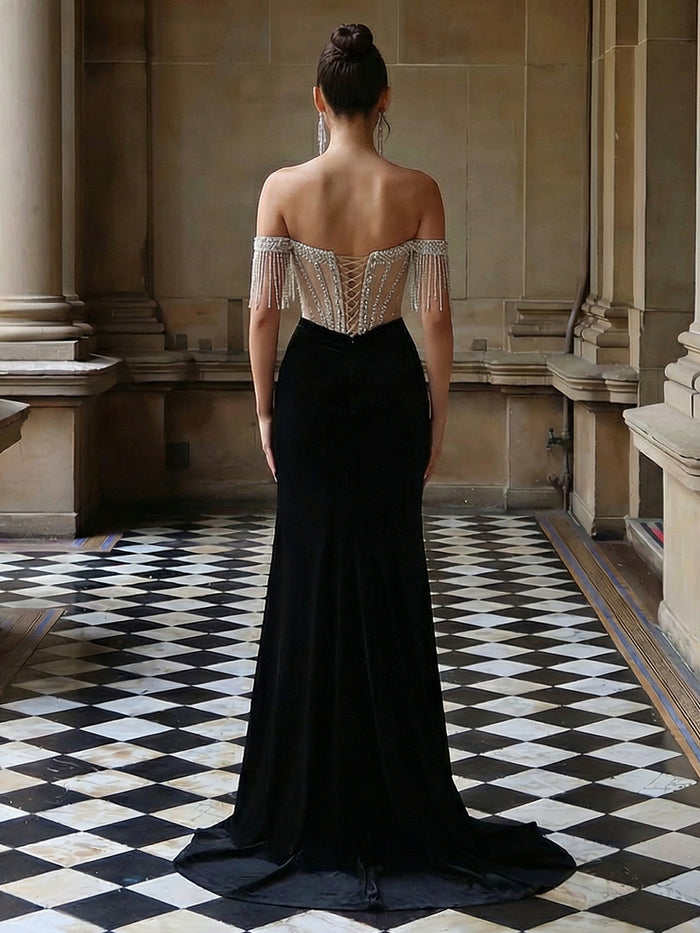 Off the Shoulder Beaded Satin Mermaid Prom Dresses with Slit