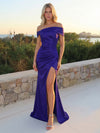 Long Elegant Off the Shoulder Satin Mermaid Formal Dresses with Slit