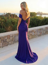Long Elegant Off the Shoulder Satin Mermaid Formal Dresses with Slit