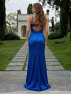 Spaghetti Straps Satin Sequin Mermaid Formal Dresses with Slit