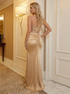 Spaghetti Straps Satin Sequin Mermaid Formal Dresses with Slit