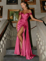 Off the Shoulder Satin Mermaid Split Evening Dresses with Wrap