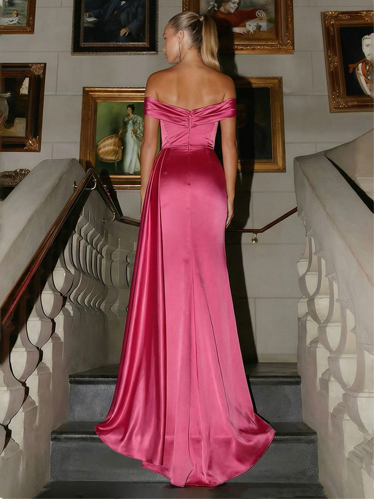 Off the Shoulder Satin Mermaid Split Evening Dresses with Wrap