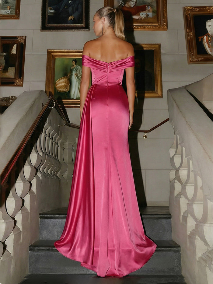 Off the Shoulder Satin Mermaid Split Prom Dresses with Wrap
