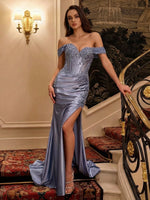 Off the Shoulder Satin Mermaid Prom Dresses with Slit