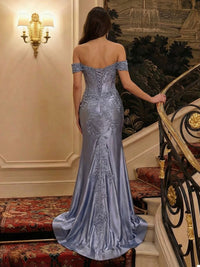 Off the Shoulder Satin Mermaid Prom Dresses with Slit