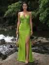 V Neck Satin Sequins Mermaid Formal Dresses with Slit