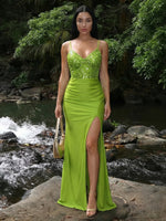 V Neck Satin Sequins Mermaid Formal Dresses with Slit