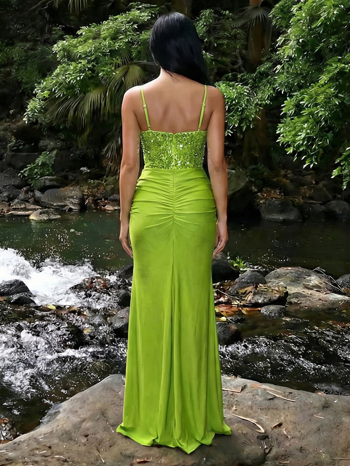 V Neck Satin Mermaid Prom Dresses with Slit