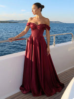 Off the Shoulder Satin Sequin A Line Evening Gown with Beads