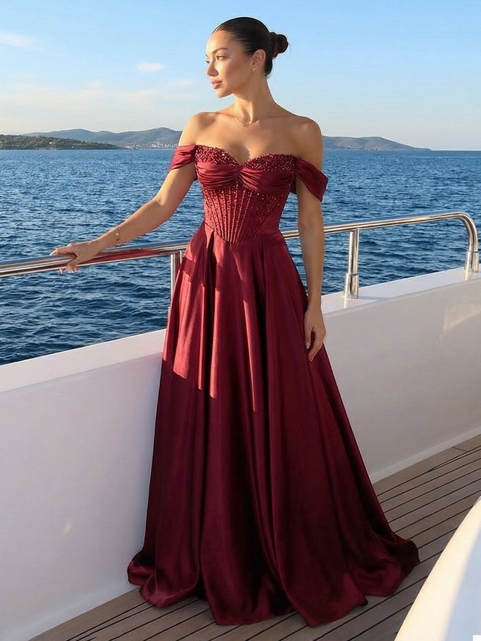 Off the Shoulder Satin Sequin A Line Prom Dresses