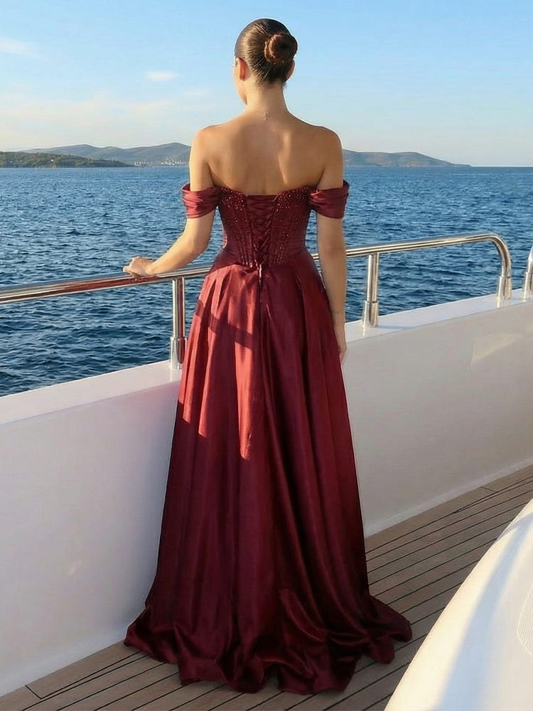 Off the Shoulder Satin Sequin A Line Evening Gown with Beads
