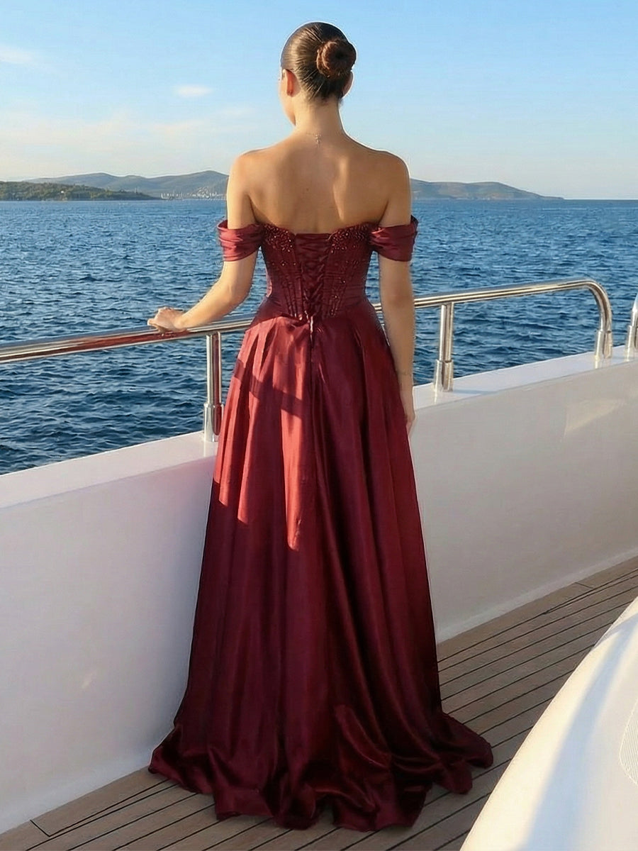 Off the Shoulder Satin Sequin A Line Prom Dresses