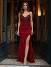 Spaghetti Straps V Neck Satin Mermaid Prom Dresses with Slit