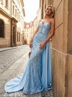 Strapless Satin Mermaid Evening Dresses with Lace Appliques