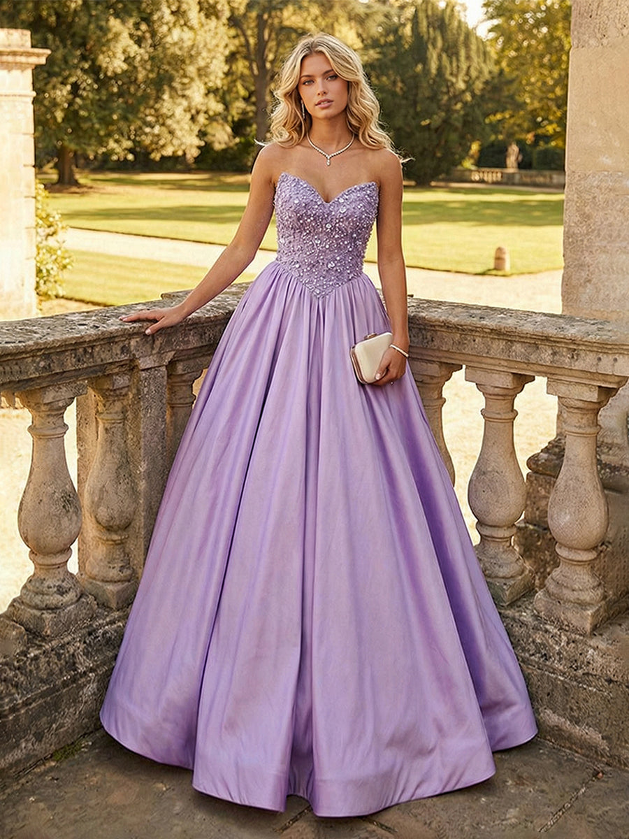 Strapless Satin A Line Prom Dresses with Sequins
