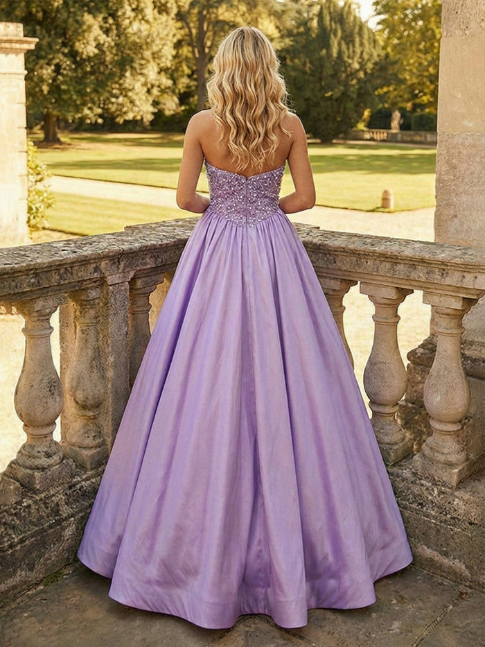Strapless Satin A Line Prom Dresses with Sequins