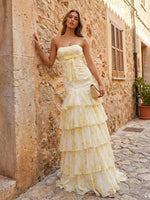 Strapless Tiered Chiffon Mermaid Prom Dresses with Bow