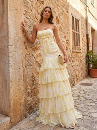 Strapless Tiered Chiffon Mermaid Prom Dresses with Bow