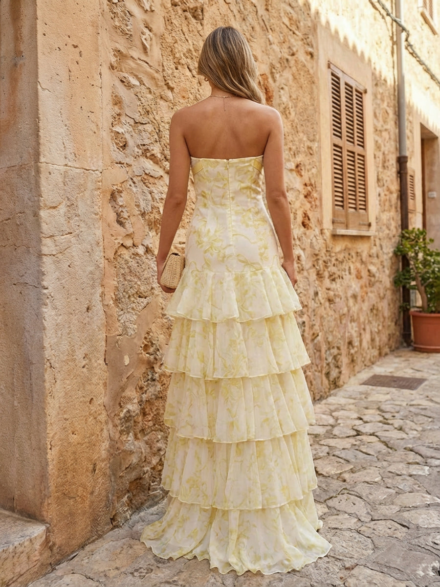 Strapless Tiered Chiffon Mermaid Prom Dresses with Bow